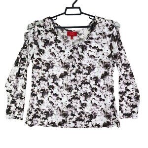 Womens Jennifer Lopez Black & White Blouse Top Cold Shoulder V Neck Size S